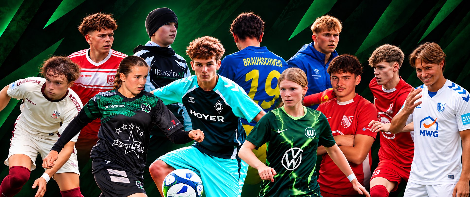 Gemeinsame H11-Collage mit elf Spielern und sichtbaren Trikotwappen